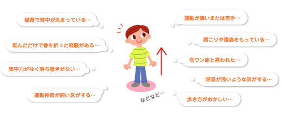 猫背で背中が丸まっている。歩き方がおかしい。側ワン症と言われた。運動神経が鈍い気がする。運動が嫌いまたは苦手。肩こりや腰痛をもっている。呼吸が浅いような気がする。集中力がなく落ち着きがない。転んだだけで骨を折った経験がある。などなど…